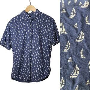 Ralph Lauren Mens Button Up Shirt Sailboat Nautical Navy Blue Slim Fit Large